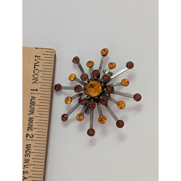 Vintage Atomic Starburst Brooch With Amber & Brown Rhinestones Silver-Tone - Picture 5 of 5